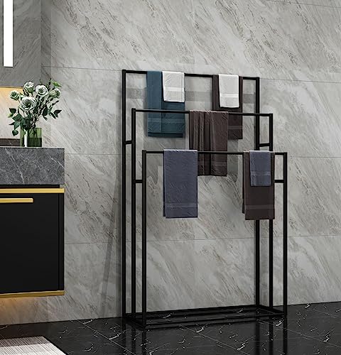 3 Tier Standing Towel Rack - Extra Wide Large Bathroom Towel Stand, Heavy-Duty Metal Towel Drying Rack for Poolside (Matte Black, 25.6” Wide) - color: Matte Black