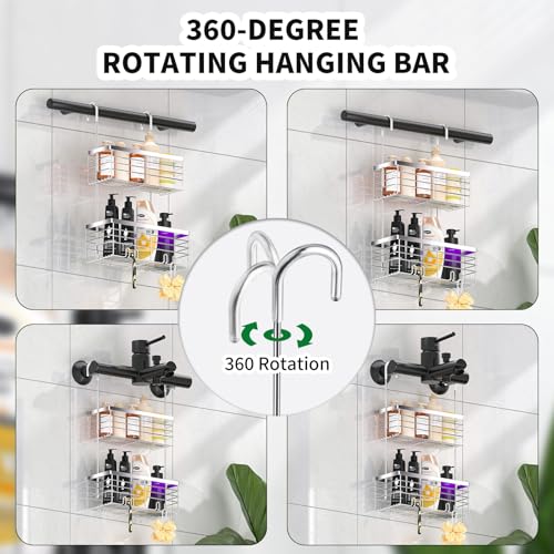 SHANSHUI Shower Hanging Caddy, Double Bathroom Showers Organizer Basket, Shampoo Bracket, Over Door Shower Rack with Hooks, 304 Stainless Steel Rustproof - size: 10.8"D x 4.7"W x 25.9"H