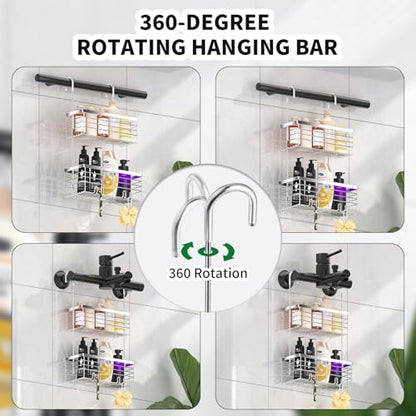 SHANSHUI Shower Hanging Caddy, Double Bathroom Showers Organizer Basket, Shampoo Bracket, Over Door Shower Rack with Hooks, 304 Stainless Steel Rustproof - size: 10.8"D x 4.7"W x 25.9"H