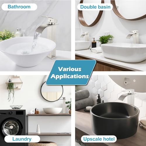 Midanya Waterfall Tall Bathroom Vessel Sink Faucet,Brushed Nickel | with 24” cUPC Water Hoses,Pop Up Drain without Overflow,for 1 hole Vanity,RV,Lavatory,Bowl,Farmhouse,SUS304,Single Handle - color: Nickel