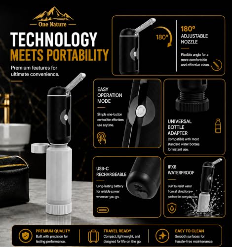 Travel Bidet, Portable Bidet Sprayer ONE NATURE 500mL/m IPX6 Waterproof Electric High Pressure Handheld Bidet Sprayer USB-C Rechargeable for Women Men Baby Bidet Peri Bottle Postpartum Clean (Black) - color: Black