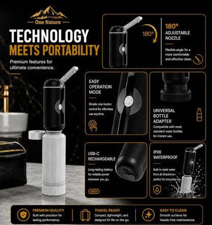 Travel Bidet, Portable Bidet Sprayer ONE NATURE 500mL/m IPX6 Waterproof Electric High Pressure Handheld Bidet Sprayer USB-C Rechargeable for Women Men Baby Bidet Peri Bottle Postpartum Clean (Black) - color: Black