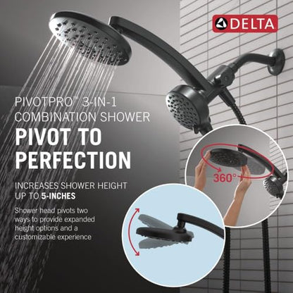 Delta 6-Setting PivotPro 3-in-1 Combination Shower Head with ProClean Spray, Matte Black Round Shower Head Rainfall with Handheld Spray, 1.75 GPM, Matte Black 75649BL - color: Matte Black