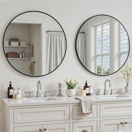 Antok 20 Inch 2PCS Round Mirror for Wall, Round Bathroom Mirror, Circle Wall Mirrors with Black Metal Frame, Circle Mirrors Suitable for Wall, Bathroom, Vanity, Living Room, Entryway - color: Black, size: 20"L x 20"W 2PCS