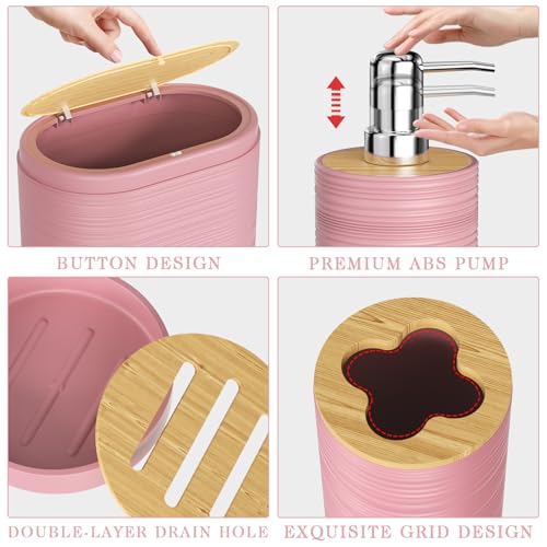 XLHOMO Pink Bathroom Set - 10PC Bathroom Accessories Set, Luxury Bathroom Accessory Set with Trash Can,Toilet Brush & 2 PC Soap Dispensers for Apartment Decor and Housewarming - size: Press-lid Bathroom Set, style: Pink