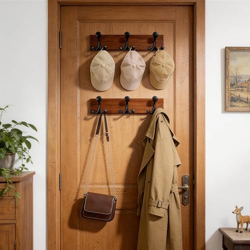 WEBI Coat Rack Wall Mount,17" Solid Wood Coat Hooks Wall Mounted Coat Hanger,16" Hole to Hole,Heavy Duty 3 Triple Hooks for Hanging Coats,Jacket,Hat,Backpack,Farmhouse,Reddish Brown - color: Reddish Brown, size: 17 Inch
