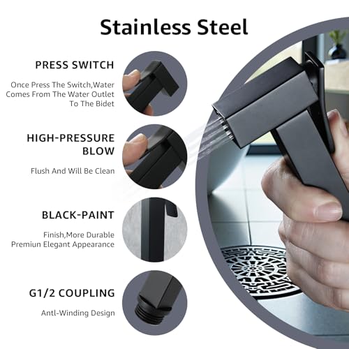 Handheld Bidet Sprayer for Toilet, Cloth Diaper Sprayer with Wall Mounts (ABS) and Hand Held Bidet Bathroom Hose (Stainless Steel), Jet Spray for Toilet, Muslim Shower, Easy to Install (Black) - color: Black