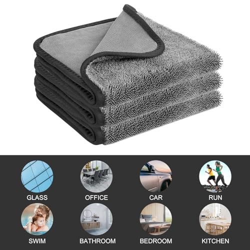 3 Pack Bath Drying Towel,Absorbent Microfiber Cleaning Cloth Fast Dry Drying Towel,Dusting Cloth Cleaning Rags Shower Cloth Towels for Cars,Bathroom,Kitchen,23.62×15.74'', Gray