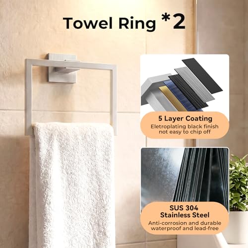 10-Piece Brushed Nickel Bathroom Hardware Set SUS304 Stainless Steel, 2×23.6" Towel Bars, 2 Towel Rings, 2 Toilet Paper Holders & 4 Towel Hooks Wall Mounted Bathroom Accessories Set - color: Brushed Nickel, size: 10 pack