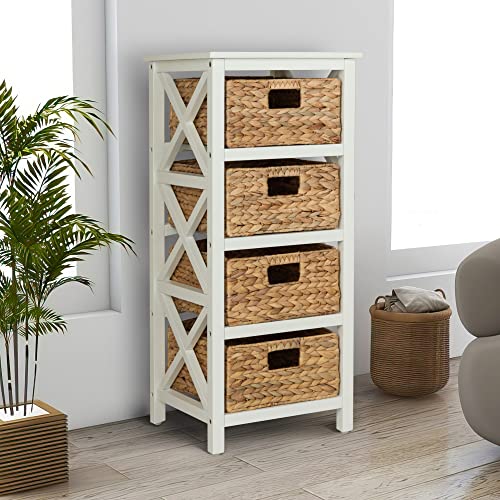 4 Tier X-Side End Storage Cabinet, White | 4 Wicker Baskets, End Table, Side Table - color: White, size: 14"D x 14"W x 32.1"H (4 Drawers)