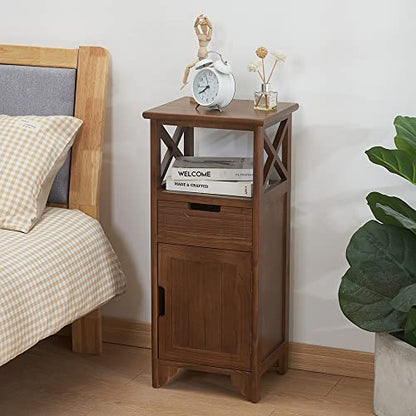 30 Inches Tall End Table, Fully Assembled Bathroom Floor Cabinet with Shelf and Storage, No Assembly Nightstand with Drawer for Bedroom-Walnut | Solid Wood; No Assembly; 30-Inch Tall; Drawer Storage; Slim Bathroom Cabinet; Side & End Table; Floor Storage
