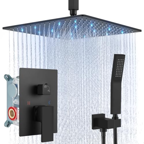 Aolemi Ceiling Shower Faucet Set with Handheld 16" LED Head Matte Black | Handheld Spray,16 Inch Rain LED Head,Shower Valve and Trim Kit,All Metal,Ceiling System,Bathroom Mixer - color: Black, size: 16 Inch LED Shower Head