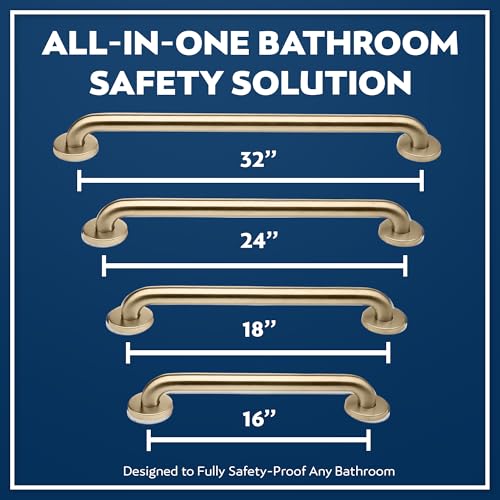 Shower Grab Bars 4 Pack – Complete Bathroom Safety Starter Bundle for Seniors – 16", 18", 24", 32" Lengths, 1.25" Diameter, 500 lb Rated – All-in-One Grab Bar Shower Safety Solution – Brushed Brass - color: Brushed Brass