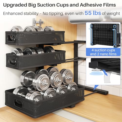 Under Sink Organizer, 3-Tier Thickened Metal Pull out Cabinet Organizer Shelf, Height Adjustable Slide out Storage Drawer Rack for Kitchen Bathroom Pantry Laundry Home Organization, 1-Pack, Black | 35% Extra Storage Capacity, Carbon Steel, Hold Up 55lbs,