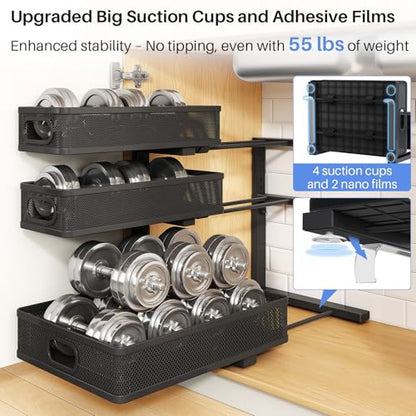 Under Sink Organizer, 3-Tier Thickened Metal Pull out Cabinet Organizer Shelf, Height Adjustable Slide out Storage Drawer Rack for Kitchen Bathroom Pantry Laundry Home Organization, 2-Pack, Black | 35% More Storage Capacity, Carbon Steel, Hold Up 55lbs, S