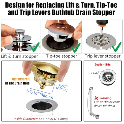 Anlige Bathtub Drain Stopper, Pop Up Tub Stopper and Cover, Bottom with Hair Catcher, Universal for 1.45 in to 1.8 in Drain, Replaces Old Drain Plug, Brushed Gold - color: Brushed Gold