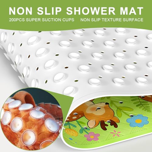 Baby Bath Mat for Tub Non Slip Kids, BPA Free Extra Long Bathtub Mat 40x16 with Drain Holes and 200 Suction Cups, Non Toxic Machine Washable Toddler Bath Mat, Eco-Friendly Certified - color: Green Deer