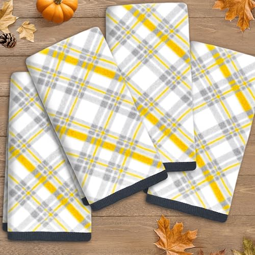 Yellow Hand Towels for Bathroom (15"x25", 4 Pack) - 100% Cotton | Light | Soft | Absorbent | 400 GSM | Fluffy, Checkered Hand Towels for Showering & Guest Use, Yellow and Gray Gingham Print - color: Yellow + Gray, size: 4PC Hand Towels