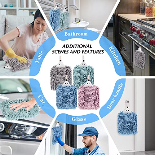 Kinlop Set of 4 Chenille Hand Towels, Fuzzy Ball Towel, Soft Hanging Absorbent Quick Dry, Hedgehog Hand Towel for Drying Bath Kitchen Washstand(Pink, Green, Blue, Gray)