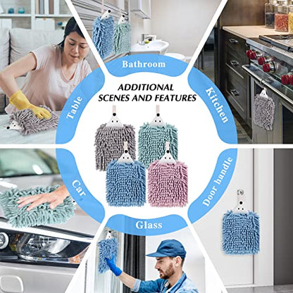 Kinlop Set of 4 Chenille Hand Towels, Fuzzy Ball Towel, Soft Hanging Absorbent Quick Dry, Hedgehog Hand Towel for Drying Bath Kitchen Washstand(Pink, Green, Blue, Gray)