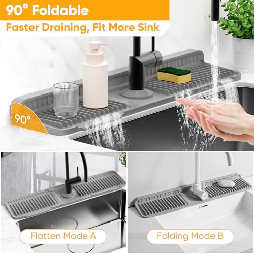 24'' Longer Faucet Mat for Kitchen Sink Splash Guard[7° Slope Fast Self-draining][Snap Lock Fit]Kitchen Sink Faucet Mat Splash Guard Kitchen Sink Area Water Splash Guard Behind Faucet Draining Mat - color: Gray, size: 24" x 5.5"