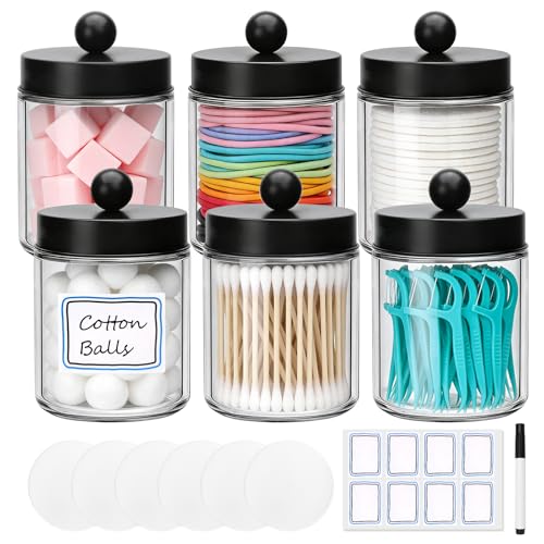 Accguan 6Pack Apothecary Jars Bathroom Vanity Storage Organizer Set | Glass Countertop Canisters with Stainless Steel Lids, Qtip Holder for Cotton Swabs, Makeup Sponges, Flossers - color: Clear