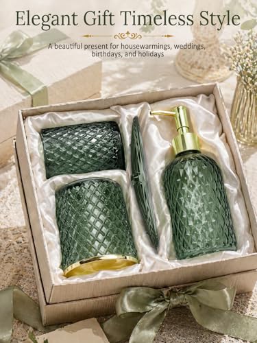 Haturi Glass Bathroom Accessories Set, Sage Green Bathroom Set, 4 Pcs | Kit w/ Bathroom Soap Dispenser Set, Toothbrush Holder, Qtip Holder,Soap Dish, Green Bathroom Decor, Gift for Home Apartment - style: Sage Green