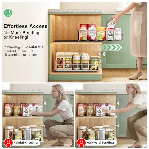 Pull out Cabinet Organizer, Stainless Steel 1-Pack (9.8"W x 16.5"D) Full-Extension Slide out Drawer, Adhesive Roll out Can Spice Storage Basket Shelf Rack for Pantry, Kitchen, Bathroom, Home Closet - size: (9.8"W x 16.5"D x 4.7"H)