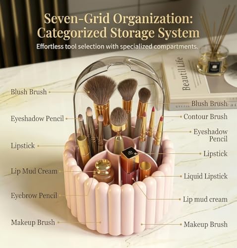 Makeup Brush Holder with Dustproof Lid, 360 Rotating Makeup Organizer for Vanity, 7 Slots Large Capacity Spinning Cosmetic Brushes Storage Box for Dresser, Bathroom Countertop, Pink
