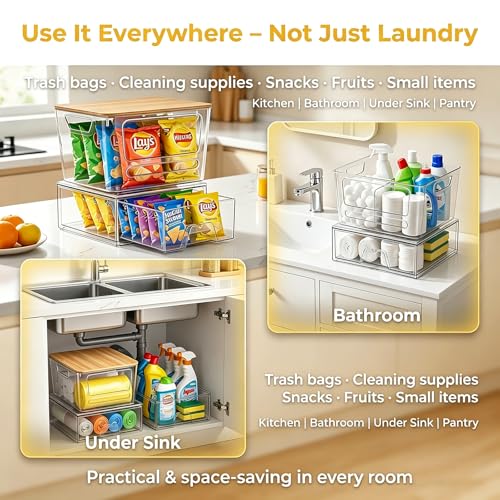 Trash Bag Dispenser Under Sink Organizer, Plastic Garbage Bag Holder with Bamboo Lid, Stackable Container for Dishwasher Pods & Laundry Pods, Kitchen Cabinet Pantry Laundry Room Organization Storage.