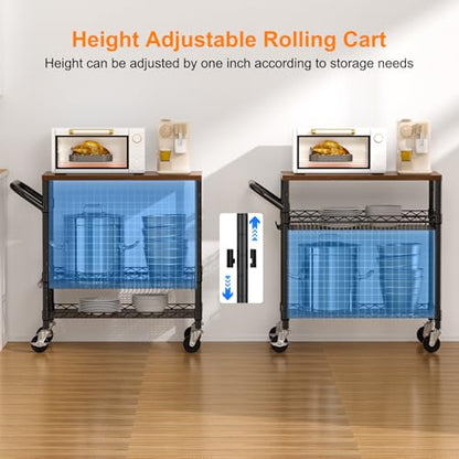 NTE Rolling Kitchen Carts on Wheels, 650Lbs Capacity 3 Tier Utility Cart with Wood Tabletop, Kitchen Storage Cart with 8 Hooks, Metal Serving Cart with Handle and Shelf Liners for Kitchen, Black - color: Wood-black
