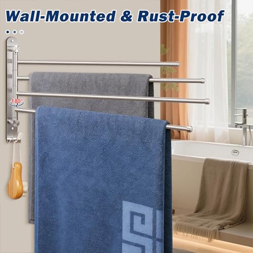 NearMoon Swivel Towel Rack, 19.5" Thicken 304 Stainless Steel 4-Arm Towel Bar, Space Saving Wall Mounted Towel Holder with Hook, Rustproof Swing Out Towel Hanger for Bathroom, Kitchen (Brushed Nickel) - color: Brushed Nickel, size: 19.5 Inch