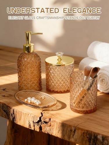 Haturi Glass Bathroom Accessories Set, Amber Brown Bathroom Set, 4 Pcs | Kit w/ Bathroom Soap Dispenser Set, Toothbrush Holder, Qtip Holder, Soap Dish, Brown Bathroom Decor, Gift for Home Apartment - style: Amber Brown