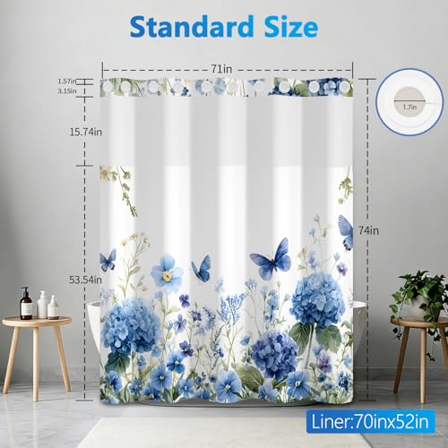 No Hook Floral Shower Curtains, Blue Hydrangea Double Layers Waterproof Fabric Shower Curtain with Snap in Liner and Top Sheer Window, 71x74in Hotel Summer Bathroom Shower Curtains with Weighted Hem - color: Blue Hydrangea