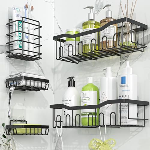 Simple Trending Shower Caddy, 5 Pack Rustproof Stainless Steel Shower Shelves, No Drilling Bathroom Organizer Adhesive with Large Capacity, Black Metal Storage Basket