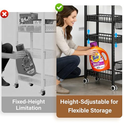 7.8 Inch Ultra-Slim 4-Tier Rolling Storage Cart with Adjustable Shelves | Lockable Wheels & Wooden Top for Narrow Spaces Between Washer/Dryer, Bathroom, Kitchen Organization (Black)