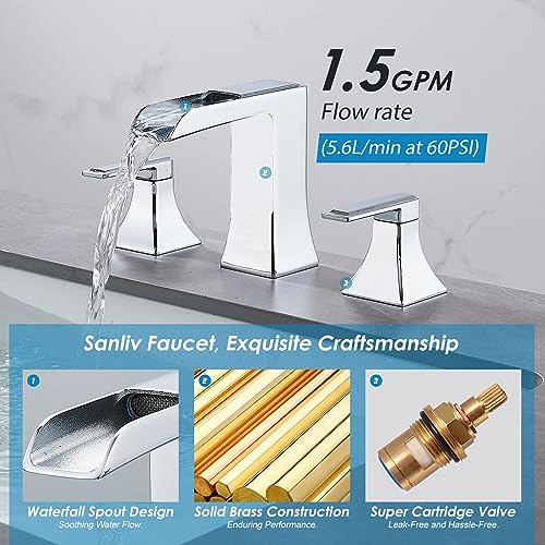 Chrome Waterfall Bathroom Faucet, Sanliv 2-Handle Widespread Bathroom Faucet for 3-Hole Sinks 4-8 inch, Modern 3 Piece Vanity Faucet with Pop-Up Drain Chrome - color: Chrome