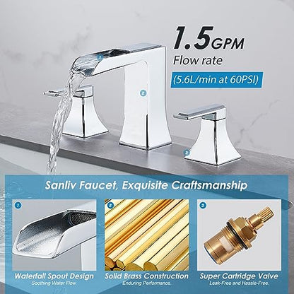 Chrome Waterfall Bathroom Faucet, Sanliv 2-Handle Widespread Bathroom Faucet for 3-Hole Sinks 4-8 inch, Modern 3 Piece Vanity Faucet with Pop-Up Drain Chrome - color: Chrome