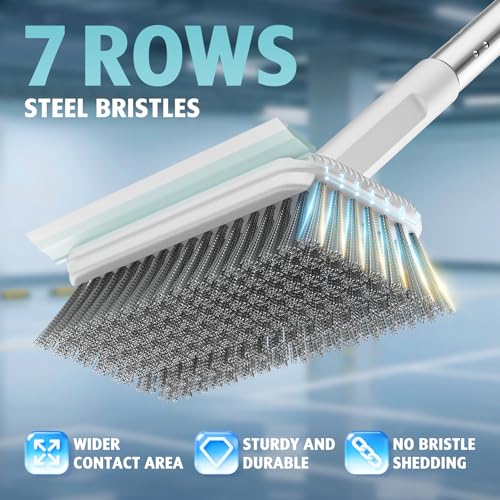 AIR U+ Concrete Scrub Brush, Long Handle, 7-Row Wire Bristles, Squeegee | Removes moss, algae and tough buildup from patios, driveways, pavers and garage floors, focused control for edges and steps
