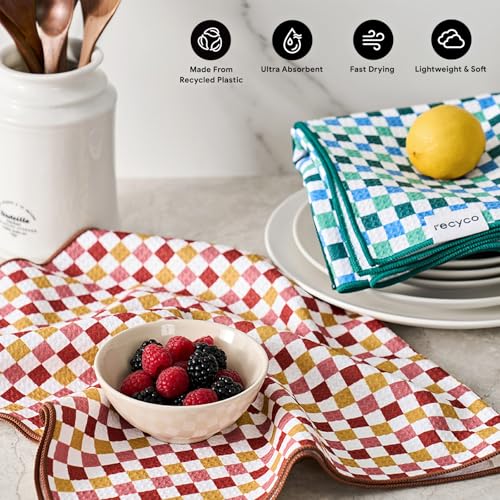 RECYCO Waffle Kitchen Towel Set of 2 - Quick Dry Microfiber Sustainable Dish Towels - Ultra Absorbent Reusable Cleaning Tea Towels - Lightweight Hand Towels,16”x 28”, Checkerboard Bliss - color: Checkerboard Bliss