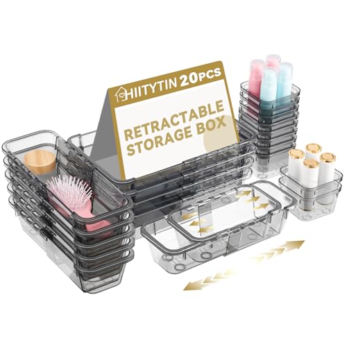 20 Pcs Adjustable Clear Drawer Organizer, Extendable Vanity Storage Bins, Desk Drawer Organizer Set for Makeup, Cosmetics, Bedroom, and Gadgets, Black - color: Black, size: 20 Pcs
