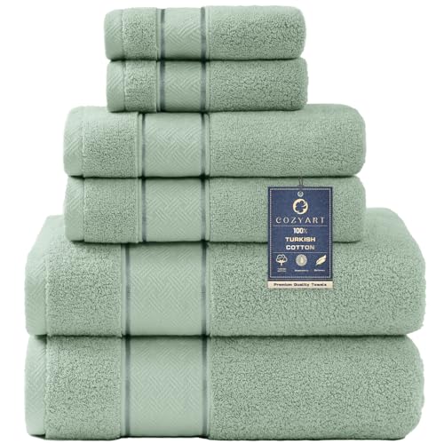 COZYART Bath Towel Set 6 PCS, Luxury 100% Turkish Cotton 650GSM Ultra Soft | Absorbent Quick Dry, OEKO‑Tex 100 Cert. Zero Twist Ring Spun Cotton, Plush Fluffy, Breathable Hotel Quality Bathroom Towels - color: Sage Leaf