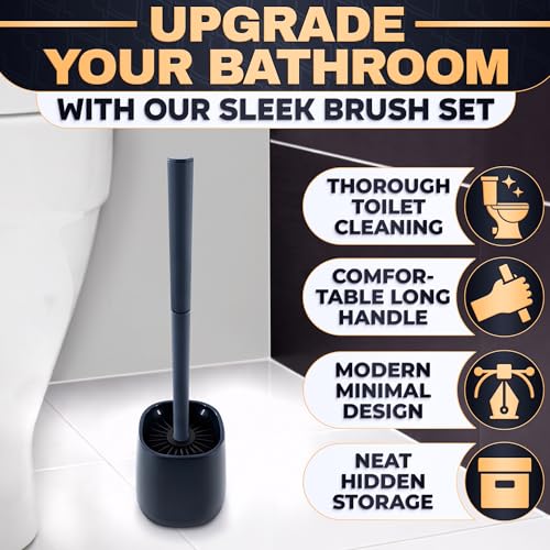 Toilet Bowl Brush and Holder, Silicone and Plastic (Black) | Compact Toilet Brush, Easy to Place and Simple to Store After Use, Strong Rubber Plunger & Stiff Bristle Brush - color: Black