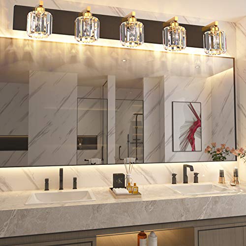 Aipsun Crystal Bathroom Vanity Light Black Vanity Lighting fixtures 5 Lights Crystal Vanity Light for Bathroom(Exclude Bulb) - color: Black Gold (Round), size: 40 inch