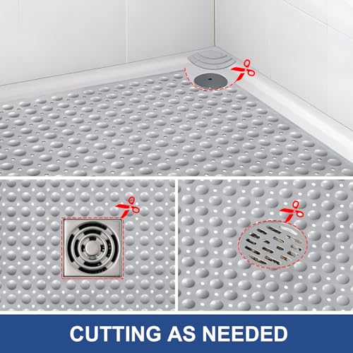 Square Shower Mat Non Slip: 32" x 32" Large Shower Mats for Inside Shower - Soft TPE Cuttable Anti Slip Shower Floor Mat with Drain Holes and Suction Cups - color: Gray