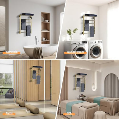 Modern Electric Towel Warmer, Wall Mounted Heated Towel Rack in Brushed Gold, Smart Temperature Control with LED Display