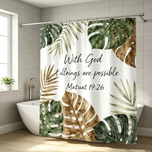 Bible Verse Shower Curtain, Christian Scripture Inspirational Quotes, Tropical Green Plant Shower Curtain,72x72 Inch Waterproof Polyester Insulated,with 12 Hooks - color: Multicolor Bb