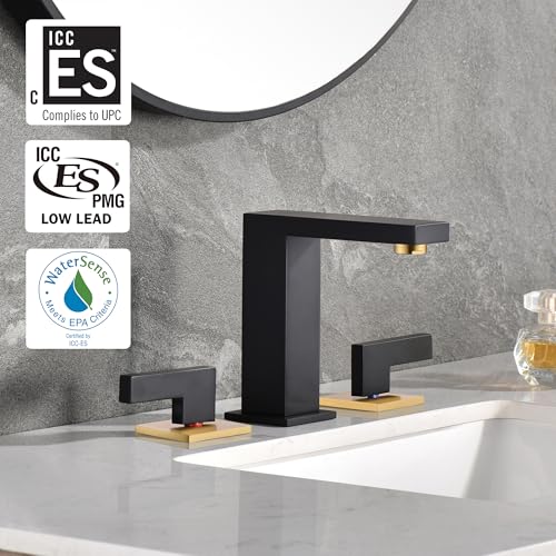 sumerain Widespread 8 inch Bathroom Faucet, Black Bathroom Sink Faucet, 3 Hole Bathroom Faucet - color: Black and Gold