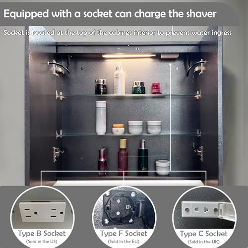 Black Bathroom Mirror Medicine Cabinets with LED Lights, Wall Mounted Mirror Medicine Cabinet with Adustable Shelf, Shaver Socket and Plug, 2 Doors, Anti Fog, Dimmable, Memory Function, 25.5 x 24 inch