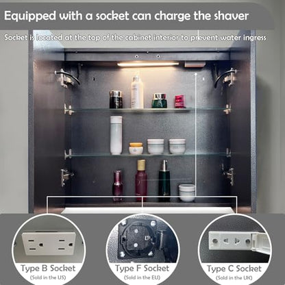 Black Bathroom Mirror Medicine Cabinets with LED Lights, Wall Mounted Mirror Medicine Cabinet with Adustable Shelf, Shaver Socket and Plug, 2 Doors, Anti Fog, Dimmable, Memory Function, 25.5 x 24 inch